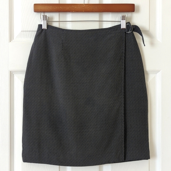 Express 90's Vintage Micro Polka Dot Silk High Waisted Mini Wrap Skirt Black 5/6 - Picture 1 of 10